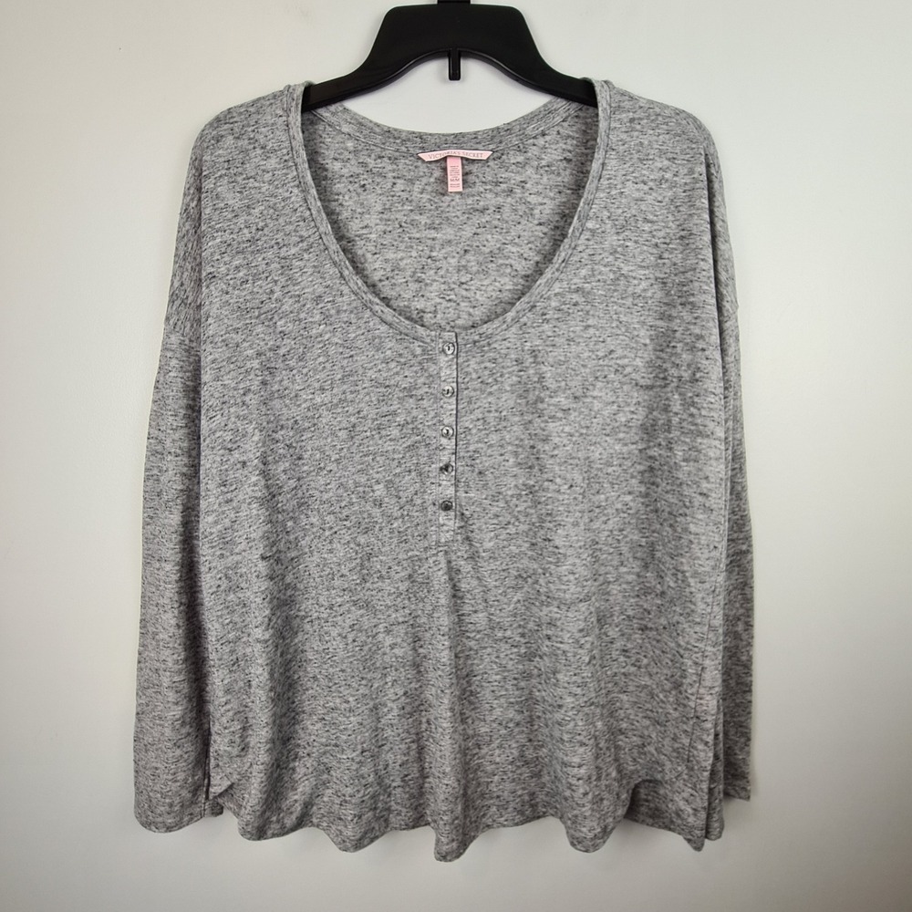 Victorias Secret Womens Medium Gray Linen Blend Henley‎ Pajama Top Long Sleeve